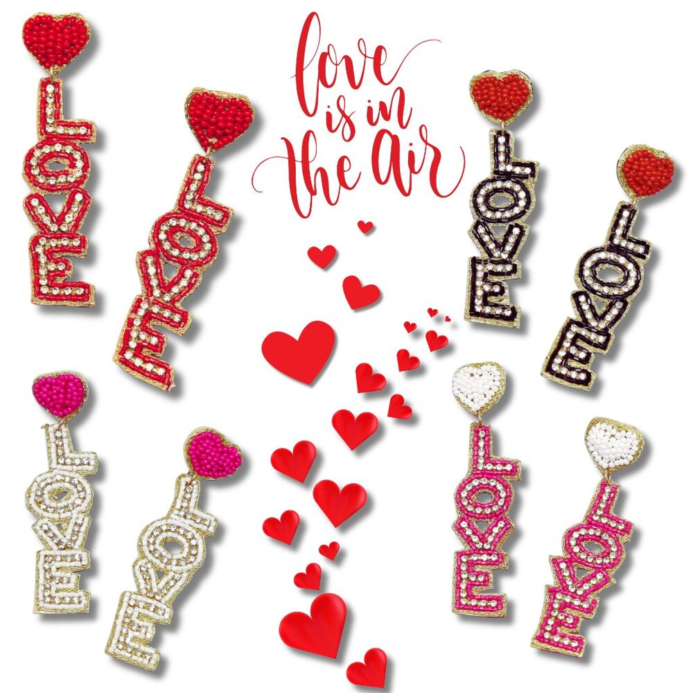 LOVE IS IN THE AIR Rhinestone Seed Beaded Valentine's Day Gift Earrings NEW